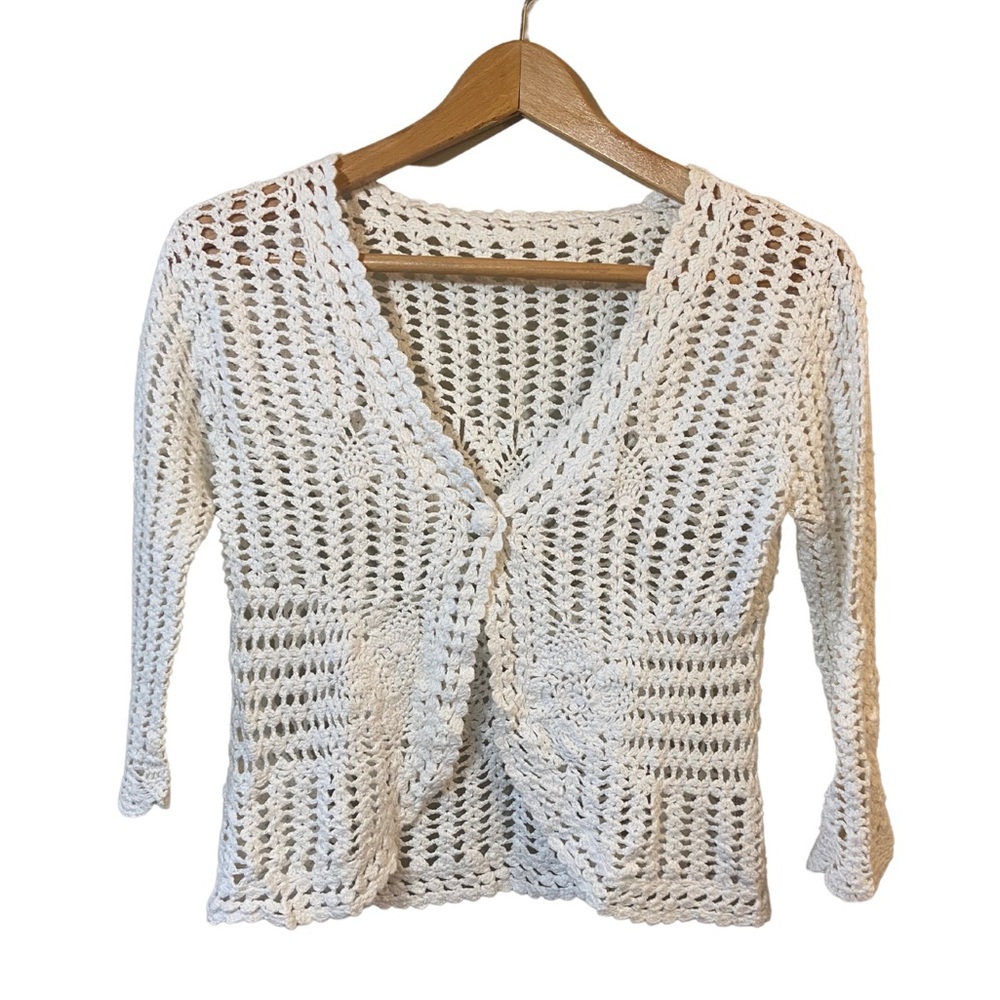 Vintage Cream Crochet Knit Openwork Sweater Cardigan